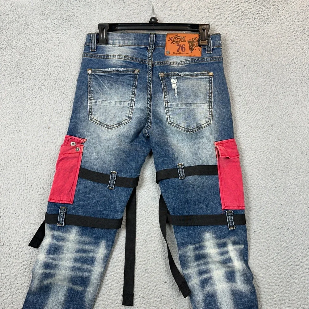 Heritage America Jeans Mens 28X31 Tactical Cargo Slim Blue Red Acid Wash Denim